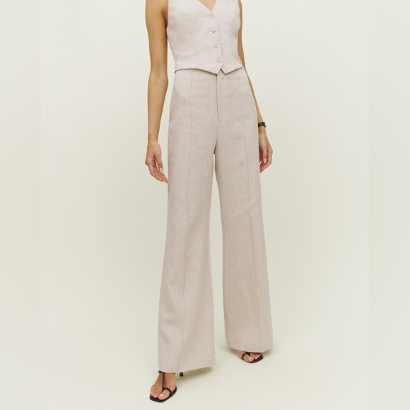 Reformation Silvie Linen Flared Wide Leg High Rise Oatmeal Beige Pants EUC Sz 4 - Picture 1 of 11
